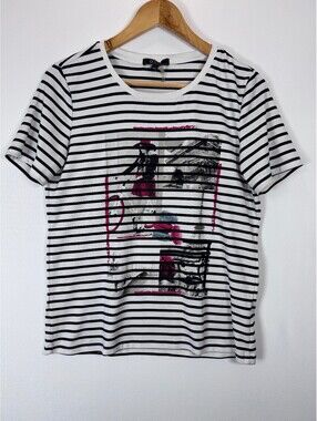 ORLY Black White Women’s M  Striped Paris Graphic Stretch Short Sleeve Top